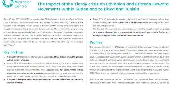 The Impact of the Tigray crisis on Ethiopian and Eritrean Onward Movements within Sudan and to Libya and Tunisia